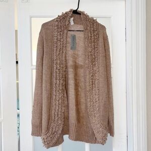 NWT Chico's Fringe Open Front Knit Cardigan Sweater w/ Sash Beige/Tan sz Large